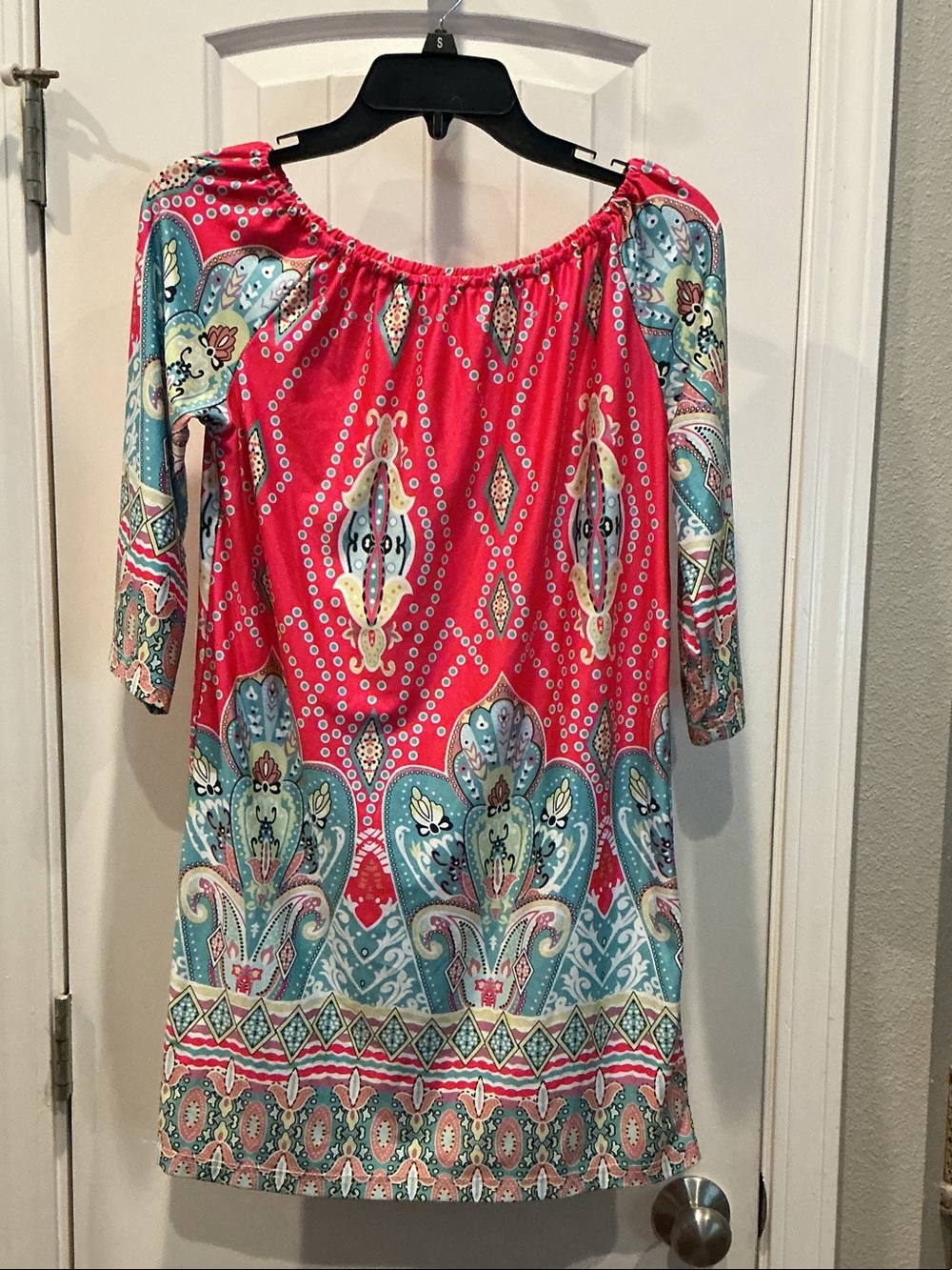 Red & Teal Paisley Off-Shoulder Tunic Dress